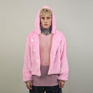 Collarless faux fur coat pastel pink fuzzy trench hairy crop jacket detachable sleeves handmade fluffy party overcoat fluffy festival set