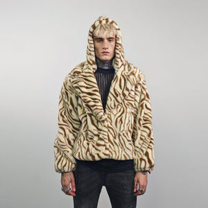 Cropped tiger coat brown short animal print jacket striped trench fauxfur detachable sleeves handmade zebra pattern festival overcoat fleece