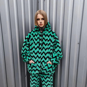 Zigzag fleece jacket green hooded geometric bomber luxury grunge coat detachable sleeves handmade stripe pattern overcoat fuzzy festival set
