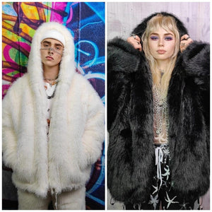 Black faux fur bomber short fluffy college bomber cropped varsity jacket gothic coat fluffy detachable sleeves festival overcoat rave fleece