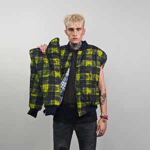 Paisley print bomber black white check jacket plaid reversible bandanna pattern college varsity detachable sleeves handmade tartan coat