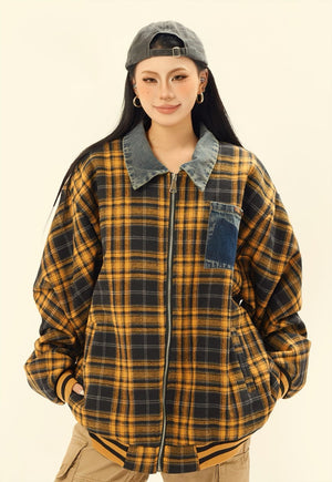 Retro plaid jacket woollen checked bomber in yellow