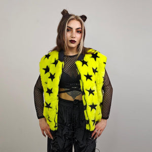 Star print varsity jacket yellow faux fur short coat college fleece bomber geometric jacket detachable sleeves party overcoat festival set