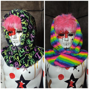 Snake print hood red faux fur snood handmade hooded hat python cap allover fluffy fleece scarf unisex bucket grunge winter festival headwear