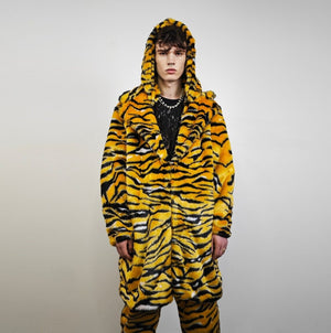 Tiger fur coat striped pattern longline trench glam rocker overcoat animal print bomber festival jacket customizable zebra peacoat in yellow