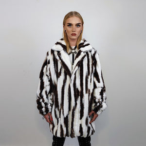 Oversize trench coat faux fur brown overcoat animal print jacket striped detachable sleeves handmade zebra pattern festival Coachella fleece