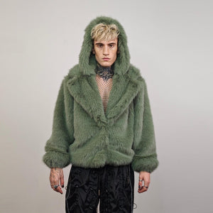 Green faux fur coat shaggy cropped trench short going out jacket fuzzy grunge detachable sleeves handmade luxury festival overcoat fleece