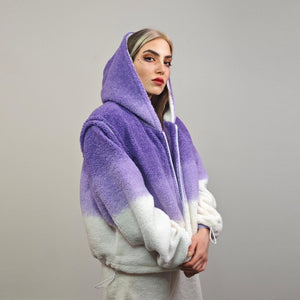 Cropped hooded fleece coat red gradient short rave jacket sports set burning man outfit detachable sleeves festival overcoat carnival trench