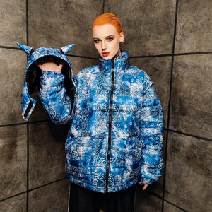 Paisley bomber handmade detachable bandanna puffer tie-dye jacket cashew print bomber two sided gradient jacket in blue