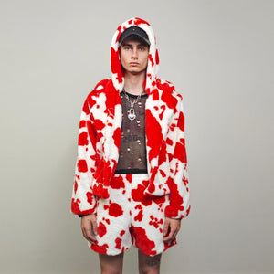 Cropped cow print coat pink white fleece trench animal print jacket detachable sleeves handmade spot pattern party overcoat festival set