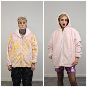 Pink fleece jacket reversible mermaid hood faux fur bomber retro geometric coat burning man overcoat fluffy golden finish rave festival set