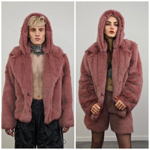 Gray faux fur jacket shaggy cropped bomber short going out coat fuzzy grunge detachable sleeves handmade luxury festival overcoat fleece