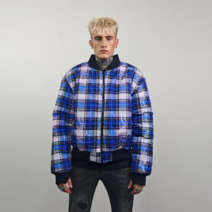 Plaid check bomber thunder print jacket reversible college varsity detachable sleeves e-boy vest handmade grunge rocker coat
