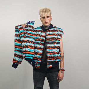 Zebra jacket blue white animal print bomber reversible striped college varsity detachable sleeves handmade rave puffer grunge festival coat