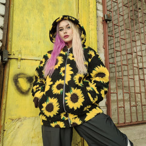 Sunflower hoodie fleece coat daisy jacket floral pattern jumper yellow rave bomber festival party pullover custom peacoat in yellow black