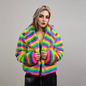Rainbow Shorts unicorn fleece striped gay short LGBT rave bomber glitchy burning man outfit festival overcoat carnival trench