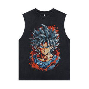 Anime hero sleeveless t-shirt vintage Japanese vest retro Goku cartoon tank top in acid wash black