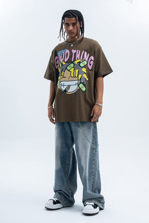 Hip-hop t-shirt rapper top money print tee Brown