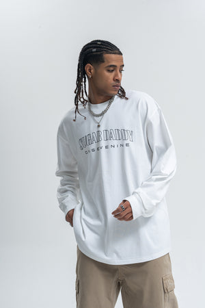 Sugar daddy slogan top long sleeve diamante jumper glitter slogan pullover in white