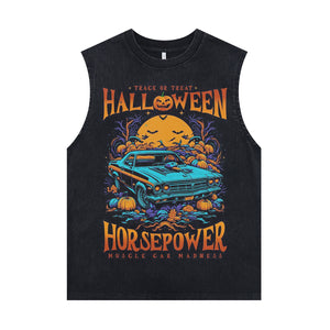 Halloween sleeveless t-shirt retro car print surfer vest 80s motorsports tank top in acid wash black