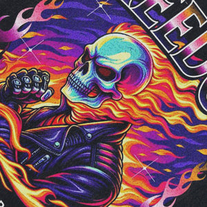 Biker skeleton sleeveless t-shirt motorsports cartoon vest 00s flame print tank top in acid wash black