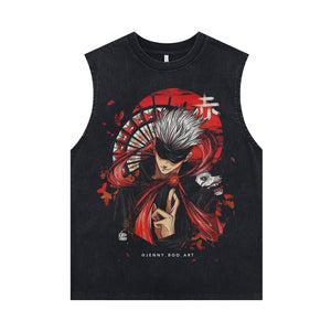 Kinky anime sleeveless t-shirt vintage Japanese vest retro cartoon tank top in acid wash black