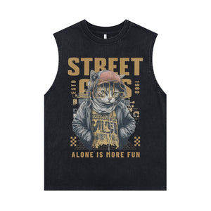 Street cat print sleeveless t-shirt gangster cartoon vest 90s retro poster tank top in acid wash black