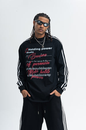Paranoia slogan jumper long sleeve striped top music notes print retro t-shirt in black