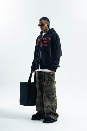 Motivational slogan hoodie grunge gorpcore pullover in black