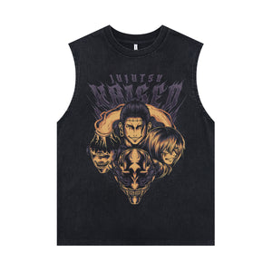 Jujutsu vintage sleeveless t-shirt old anime surfer vest retro cartoon tank top in acid wash black