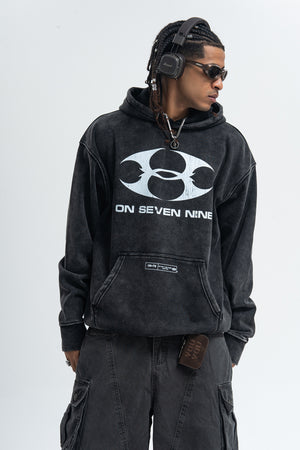 Cyberpunk hoodie tribal print pullover vintage wash raver jumper in acid grey