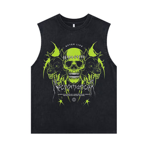 Gothic skull sleeveless t-shirt cyberpunk surfer vest 00s necromancer slogan tank top in acid wash black