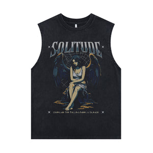 Angel print vintage sleeveless t-shirt solitude slogan surfer vest retro angel tank top in acid wash black
