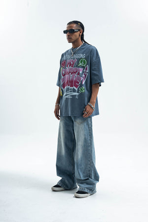 Hippie t-shirt 90s graffiti top motivational slogan tee in grey