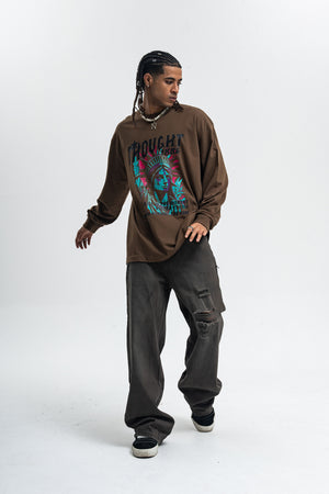 Statue of Liberty jumper creepy American top long sleeve USA t-shirt in brown