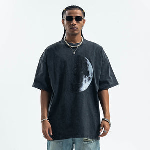 Moon print t-shirt space top grunge raver tee in grey