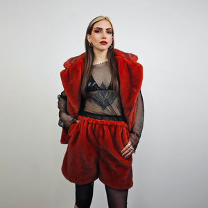 Red faux fur coat cropped trench short going out jacket grunge detachable sleeves handmade luxury festival overcoat fleece