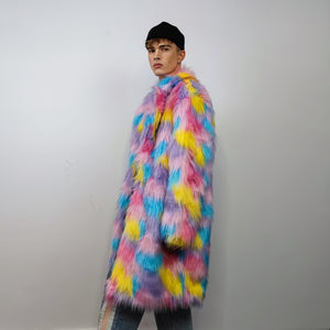Marshmallow faux fur long coat unicorn trench raver bomber fluffy tie-dye fleece rainbow festival jacket burning man going out coat in pink