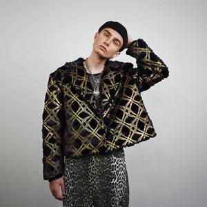 Cropped going out coat black gold glitter trench shiny embellished fleece jacket detachable sleeves handmade party overcoat festival set