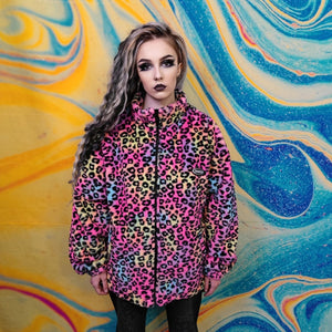 Leopard fleece jacket fluffy rainbow track jacket faux fur animal print bomber festival jacket rainbow coat pride jacket in pink purple