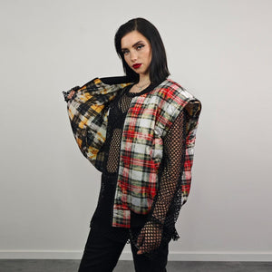 Tie-dye check bomber yellow tartan jacket raver reversible college varsity detachable sleeves handmade plaid puffer grunge punk rocker coat
