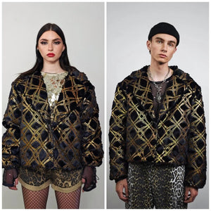 Cropped going out coat purple gold glitter jacket shiny embellished fleece bomber detachable sleeves handmade party trench festival set