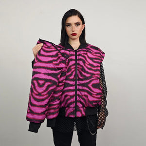 Leopard jacket neon pink animal print bomber reversible cheetah college varsity detachable sleeves handmade rave puffer grunge festival coat