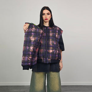 Tie-dye check bomber green brat jacket raver reversible college varsity detachable sleeves handmade plaid puffer grunge punk rocker coat