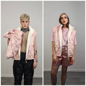 Cropped fleece track jacket beige embellished coat reversible short rave bomber sports set burning man outfit festival overcoat carnival fit