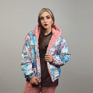 Pink fleece jacket reversible paisley hood bandanna bomber retro geometric cashew print coat detachable sleeves overcoat fluffy festival set
