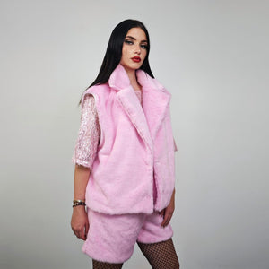Short faux fur coat pastel pink fuzzy trench hairy crop jacket detachable sleeves handmade solid pattern party overcoat fluffy festival set