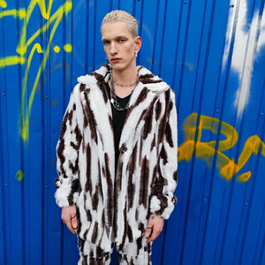 Oversize trench coat faux fur brown overcoat animal print jacket striped detachable sleeves handmade zebra pattern festival Coachella fleece