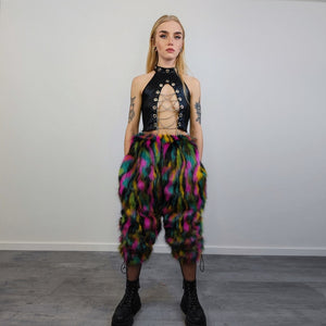 Striped neon fur joggers raver pants fluffy zebra trousers skiing fleece tie-dye overalls festival bottoms burning man pants in black pink