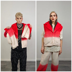 Cropped hooded fleece coat red gradient short rave jacket sports set burning man outfit detachable sleeves festival overcoat carnival trench
